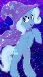 Size: 432x768 | Tagged: safe, artist:joshigz, trixie, pony, unicorn, g4, abstract background, cape, clothes, female, hat, mare, rearing, solo