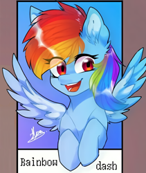 Size: 836x990 | Tagged: safe, alternate version, artist:lollihopx, rainbow dash, pegasus, pony, g4, bust, ear fluff, eye clipping through hair, eyelashes, female, mare, open mouth, signature, smiling, solo, spread wings, wings