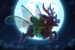 Size: 990x660 | Tagged: safe, artist:lastnight-light, oc, oc only, oc:melon, changedling, changeling, g4, bells, full moon, harness, jingle bells, moon, night, solo, tack