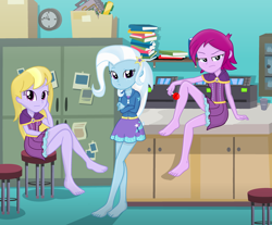 Size: 3192x2648 | Tagged: safe, artist:charliexe, artist:grapefruitface1, fuchsia blush, lavender lace, trixie, equestria girls, equestria girls series, g4, ass, barefoot, base used, book, butt, candy, clock, clothes, desk, feet, female, food, high res, legs, lollipop, looking at you, office, schrödinger's pantsu, show accurate, trio, trio female, trixie and the illusions