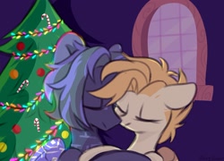 Size: 2048x1477 | Tagged: safe, artist:shiny-dust, oc, oc only, pony, christmas, christmas tree, eyes closed, female, holiday, male, shipping, smiling, straight, tree