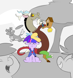 Size: 2010x2140 | Tagged: safe, artist:metal-kitty, discord, twilight sparkle, winona, dog, draconequus, pony, unicorn, g4, alternate universe, archmage, black and white, cloak, clock, clothes, cuckoo clock, discord being a bully, discord being discord, female, fetch, frisbee, grayscale, height difference, high res, male, mare, monochrome, time stop, tree, twilight sparkle is not amused, unamused, unicorn twilight, wizard