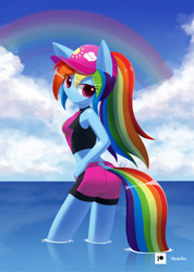 Size: 1000x1407 | Tagged: safe, artist:howxu, rainbow dash, anthro, g4, ass, breasts, butt, clothes, cloud, cute, equestria girls outfit, female, looking at you, ocean, rainbow, rainbutt dash, sexy, solo, standing in water, stupid sexy rainbow dash, swimsuit, water