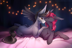 Size: 2625x1761 | Tagged: safe, artist:mithriss, oc, oc only, pegasus, pony, unicorn, frog (hoof), lying down, nuzzling, prone, string lights, underhoof