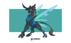 Size: 1556x940 | Tagged: safe, artist:kez, oc, oc only, changeling, blue changeling, changeling oc, fangs, solo