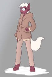 Size: 1859x2760 | Tagged: safe, artist:sneetymist, oc, oc only, oc:lucky cream, earth pony, anthro, unguligrade anthro, clothes, female, fluffy, fluffy sweater, fur coat, hoodie, mare, pants, pom pom (clothes), simple background, solo, sweater, winter clothes, winter coat, winter outfit