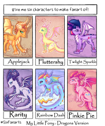 Size: 2000x2388 | Tagged: safe, artist:kokolat_spark, applejack, fluttershy, pinkie pie, rainbow dash, rarity, twilight sparkle, dragon, g4, claws, cloud, dragonified, dragonjack, eyelashes, female, flutterdragon, high res, horns, looking back, mane six, nose piercing, nose ring, on a cloud, piercing, pinkiedragon, rainbow dragon, raridragon, six fanarts, species swap, twilidragon, wings