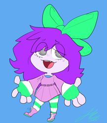 Size: 1219x1402 | Tagged: safe, artist:snoozledoodle, oc, oc only, oc:mable syrup, human, humanoid, arms wide open, blue background, boots, bow, clothes, deaf, dress, humanized, purple hair, shoes, simple background, socks, solo, striped socks