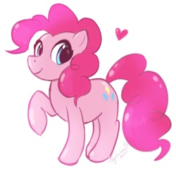 Size: 1280x1280 | Tagged: safe, artist:tayarinne, pinkie pie, earth pony, pony, g4, cute, diapinkes, female, heart, looking at you, mare, raised leg, simple background, smiling, solo, white background