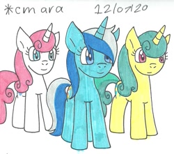 Size: 1003x888 | Tagged: safe, artist:cmara, lemon hearts, minuette, twinkleshine, pony, unicorn, g4, female, mare, simple background, traditional art, trio, white background