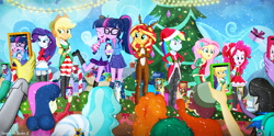 Size: 6709x3328 | Tagged: safe, artist:invisibleink, applejack, bon bon, dj pon-3, fluttershy, golden hazel, lyra heartstrings, normal norman, octavia melody, paisley, pinkie pie, rainbow dash, rarity, sci-twi, sunset shimmer, sweetie drops, toe-tapper, trixie, twilight sparkle, vinyl scratch, wallflower blush, equestria girls, g4, my little pony equestria girls: better together, animal costume, candy, candy cane, cellphone, christmas, christmas 2020, christmas tree, clothes, cloud, costume, decoration, dress, elf ears, female, fishnet pantyhose, food, hat, holiday, humane five, humane seven, humane six, long socks, parade, phone, present, reindeer costume, santa costume, santa hat, smartphone, snow, snowfall, socks, thigh highs, tree, twolight