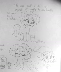 Size: 1440x1693 | Tagged: safe, artist:tjpones, oc, oc only, oc:brownie bun, earth pony, pony, horse wife, blanket, christmas, cookie, crumbs, drink, eggnog, eyes closed, female, food, glass, glass of milk, grayscale, hat, holiday, lying down, mare, milk, monochrome, pencil drawing, prone, santa hat, smiling, traditional art