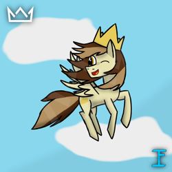 Size: 1080x1080 | Tagged: safe, artist:itzf1ker1, oc, oc only, oc:prince whateverer, pegasus, pony, cloud, crown, flying, jewelry, male, one eye closed, regalia, sky, solo, stallion, wings, wink