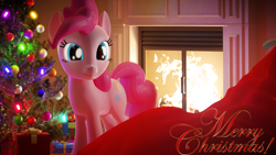 Size: 1920x1080 | Tagged: safe, artist:weedy, pinkie pie, pony, g4, 3d, blender, christmas, christmas tree, cute, diapinkes, fireplace, holiday, present, tree