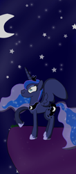 Size: 1080x2460 | Tagged: safe, artist:crossovercartoons, princess luna, alicorn, pony, g4, dark background, looking up, luna day, moon, mountain top, night, princess, smiling, solo, stars