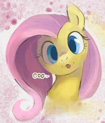 Size: 940x1105 | Tagged: safe, artist:dotkwa, fluttershy, pony, g4, abstract background, bust, cute, female, looking at you, mare, oooooh, open mouth, portrait, shyabetes, smiling, solo