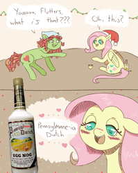 Size: 985x1235 | Tagged: safe, artist:archego-art, fluttershy, tree hugger, pony, g4, alcohol, blushing, christmas, dialogue, drawthread, drunk, drunkershy, egg nog, go home you're drunk, hat, heart, holiday, pun, santa hat