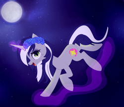 Size: 3670x3150 | Tagged: safe, artist:copster, oc, oc only, oc:starlit nightcast, pony, unicorn, commission, female, floral head wreath, flower, high res, magic, mare, moon, solo, stars, ych result