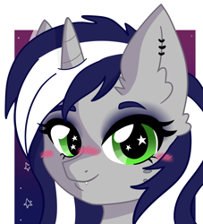 Size: 3541x3904 | Tagged: safe, artist:copster, oc, oc only, oc:starlit nightcast, pony, unicorn, blushing, cute, ear fluff, ear piercing, earring, female, gradient background, high res, jewelry, looking at you, mare, piercing, solo, sparkles, starry eyes, wingding eyes