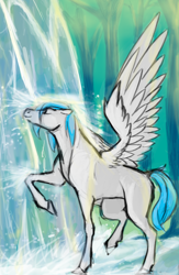 Size: 2210x3388 | Tagged: safe, artist:thebreadphones, oc, oc only, oc:file folder, pegasus, pony, blank flank, eyes closed, forest, high res, hoers, solo, spread wings, waterfall, waterfall shower, wings