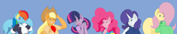 Size: 3400x650 | Tagged: safe, artist:two-ton-neko, applejack, fluttershy, pinkie pie, rainbow dash, rarity, twilight sparkle, earth pony, pegasus, unicorn, anthro, g4, big ears, big hair, blue background, breasts, busty fluttershy, busty rarity, digital art, looking at each other, looking at you, looking up, mane six, simple background, wings
