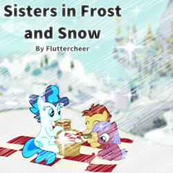 Size: 840x840 | Tagged: safe, edit, edited screencap, editor:cmc--scootaloo, editor:dinkyuniverse, screencap, candy wave, gooseberry, hyper sonic, lemon crumble, earth pony, pegasus, pony, fanfic:sisters in frost and snow, between dark and dawn, g4, adorable face, author:fluttercheer, basket, berry, blanket, canterlot, canterlot castle, cover art, cute, fanfic, fanfic art, fanfic cover, female, filly, food, friendship student, frost, ice, mare, nom, picnic, picnic basket, picnic blanket, sandwich, siblings, sisters, sky, snow
