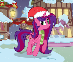 Size: 2000x1700 | Tagged: safe, artist:darbypop1, oc, oc only, oc:alyssa rice, alicorn, pony, christmas, clothes, female, hat, holiday, mare, santa hat, scarf, solo