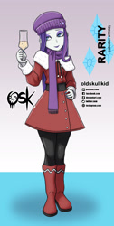 Size: 984x1951 | Tagged: safe, artist:oldskullkid, part of a set, rarity, equestria girls, g4, alcohol, alternate hairstyle, boots, champagne, champagne glass, christmas, clothes, female, glasses, holiday, scarf, shoes, solo, wine, winter outfit