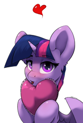 Size: 2030x3000 | Tagged: safe, artist:skitsroom, twilight sparkle, alicorn, pony, :p, blushing, cute, female, heart, lidded eyes, looking at you, mare, pillow, simple background, solo, tongue out, twiabetes, twilight sparkle (alicorn), white background