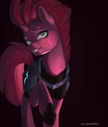 Size: 1700x1985 | Tagged: dead source, safe, artist:nodambol, tempest shadow, pony, unicorn, g4, armor, broken horn, female, horn, looking at you, mare, scar on the wrong side, slasher smile, smiling, solo