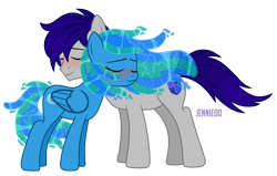 Size: 1200x761 | Tagged: safe, artist:jennieoo, oc, oc:maverick, oc:ocean soul, earth pony, elemental, pegasus, pony, g4, blushing, hug, show accurate, simple background, soulverick, transparent background, vector, water mane