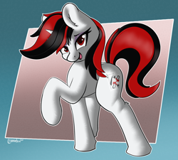 Size: 1854x1671 | Tagged: safe, artist:llametsul, oc, oc only, oc:blackjack, pony, unicorn, fallout equestria, fallout equestria: project horizons, bedroom eyes, ear fluff, eyeshadow, female, horn, looking at you, makeup, mare, multicolored hair, raised hoof, raised leg, signature, small horn, smiling, solo