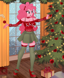 Size: 2316x2820 | Tagged: safe, artist:xjenn9, pinkie pie, equestria girls, g4, choker, christmas, christmas lights, christmas sweater, christmas tree, clothes, cozy, high heels, high res, holiday, ornament, present, shoes, smiling, snow, snowfall, solo focus, stockings, sweater, thigh highs, tree, winter