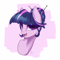 Size: 5250x5250 | Tagged: safe, artist:alechan, twilight sparkle, pony, dimensional shift, g4, alternate hairstyle, bun, bust, ear fluff, eye clipping through hair, eyebrows, eyebrows visible through hair, female, hair bun, lidded eyes, looking at you, mare, portrait, raised eyebrow, simple background, solo, white background