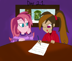 Size: 1280x1087 | Tagged: safe, artist:horroraceman93, artist:wubcakeva, oc, oc:contralto, oc:cupcake slash, equestria girls, g4, ;p, duo, female, lesbian, letter, one eye closed, snow, tongue out