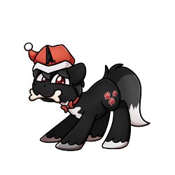 Size: 1240x1240 | Tagged: safe, artist:sugar morning, oc, oc only, oc:dog whisperer, pony, unicorn, bone, bowtie, christmas, clothes, fluffy tail, hat, holiday, horn, looking at you, male, mouth hold, nom, playful, red eyes, red pupils, santa hat, simple background, solo, stallion, torn clothes, transparent background, unshorn fetlocks