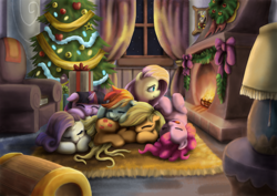 Size: 1700x1202 | Tagged: safe, artist:tarkron, applejack, discord, fluttershy, pinkie pie, rainbow dash, rarity, twilight sparkle, draconequus, earth pony, pegasus, pony, unicorn, g4, armchair, chair, christmas, christmas lights, christmas tree, cuddle puddle, cuddling, cute, dashabetes, diapinkes, eyes closed, fire, fireplace, floppy ears, holiday, hooves to the chest, indoors, jackabetes, looking at something, lying down, mane six, nap, on back, on the floor, open mouth, picture frame, pony pile, present, prone, raribetes, shyabetes, sleeping, smiling, tongue out, tree, twiabetes, weapons-grade cute