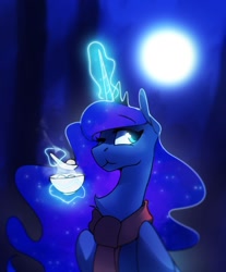 Size: 1108x1341 | Tagged: safe, artist:anticular, princess luna, alicorn, pony, g4, clothes, cup, eating, female, glowing horn, horn, magic, mare, moon, night, one eye closed, scarf, smiling, solo, spoon, telekinesis, winter solstice