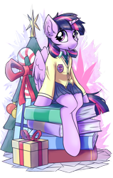 Size: 1400x2200 | Tagged: safe, artist:ravistdash, twilight sparkle, alicorn, semi-anthro, g4, arm hooves, book, candy, candy cane, cheek fluff, christmas, christmas tree, clothes, cute, cutie mark, cutie mark background, ear fluff, food, friendship student, holiday, horn, merry christmas, necktie, paper, present, school uniform, simple background, sitting, skirt, solo, stars, sweater, transparent background, tree, twiabetes, twilight sparkle (alicorn), wings