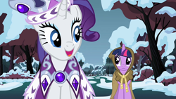 Size: 1920x1080 | Tagged: safe, screencap, clover the clever, princess platinum, rarity, twilight sparkle, pony, unicorn, g4, hearth's warming eve (episode), clothes, dress, female, mare