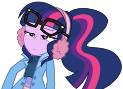 Size: 4056x2956 | Tagged: safe, artist:sketchmcreations, sci-twi, twilight sparkle, blizzard or bust, equestria girls, equestria girls specials, g4, my little pony equestria girls: better together, my little pony equestria girls: holidays unwrapped, clothes, coat, crooked glasses, earmuffs, fallen, female, narrowed eyes, on floor, scarf, sci-twi is not amused, simple background, solo, transparent background, unamused, vector