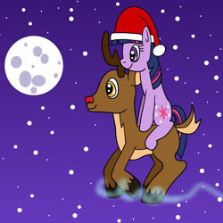 Size: 1280x1280 | Tagged: safe, artist:platinumdrop, twilight sparkle, deer, pony, reindeer, unicorn, g4, christmas, flying, hat, holiday, magic, moon, night, request, riding, rudolph the red nosed reindeer, santa hat, stars, unicorn twilight