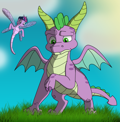 Size: 2425x2472 | Tagged: safe, artist:faitheverlasting, spike, twilight sparkle, dragon, dragonfly, insect, g4, crossover, high res, species swap, spike as spyro, spyro the dragon, spyro the dragon (series)