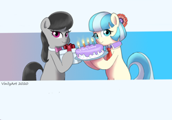 Size: 872x612 | Tagged: safe, artist:vinilyart, coco pommel, octavia melody, earth pony, pony, g4, cake, candle, duo, female, food, mare, present