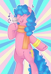 Size: 673x973 | Tagged: safe, artist:pigeorgien, melody, earth pony, pony, g1, my little pony tales, bipedal, bracelet, clothes, cute, eyes closed, female, jewelry, mare, melobetes, microphone, music notes, open mouth, pigeorgien is trying to murder us, scarf, singer, singing, solo
