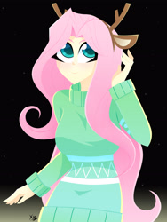 Size: 2448x3264 | Tagged: safe, artist:xan-gelx, fluttershy, equestria girls, g4, antlers, blushing, clothes, cute, fake ears, female, headband, high res, reindeer antlers, shyabetes, smiling, sweater, sweatershy