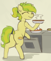 Size: 1229x1471 | Tagged: safe, artist:marsminer, oc, oc only, oc:tangerine citrus, pony, baking, butt, chest fluff, dock, eyes closed, food, kitchen, mate, oven, patreon, patreon reward, pie, plot, smiling, solo