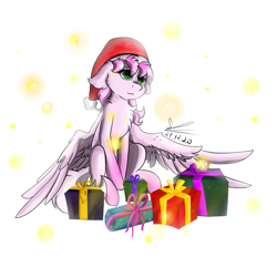 Size: 1103x1024 | Tagged: safe, artist:yuris, oc, oc only, oc:flutter cat, pegasus, pony, chest fluff, christmas, hat, holiday, pegasus oc, present, santa hat, simple background, solo, white background