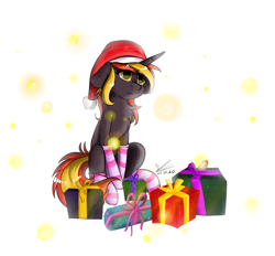 Size: 1103x1024 | Tagged: safe, alternate character, alternate version, artist:yuris, oc, oc only, oc:java, pony, unicorn, chest fluff, christmas, clothes, hat, holiday, horn, present, santa hat, simple background, socks, solo, striped socks, unicorn oc, white background