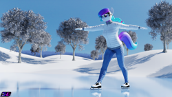 Size: 3840x2160 | Tagged: safe, artist:shadowboltsfm, oc, oc:aurora starling, anthro, plantigrade anthro, 3d, 4k, blender, boots, clothes, cute, eyelashes, glasses, high heel boots, high res, ice, jeans, not sfm, pants, reflection, shoes, smiling, snow, tree, winter
